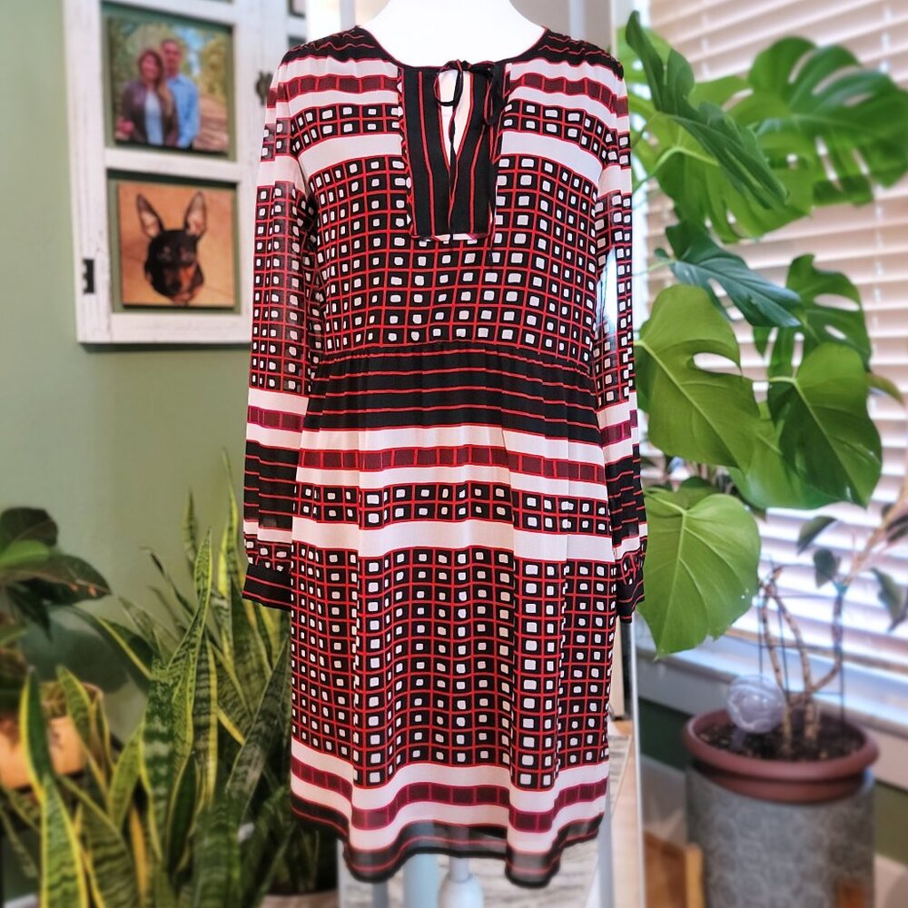 Loft Multicolor Geo Tie Neck Pleated A Line Dress | Size: SP